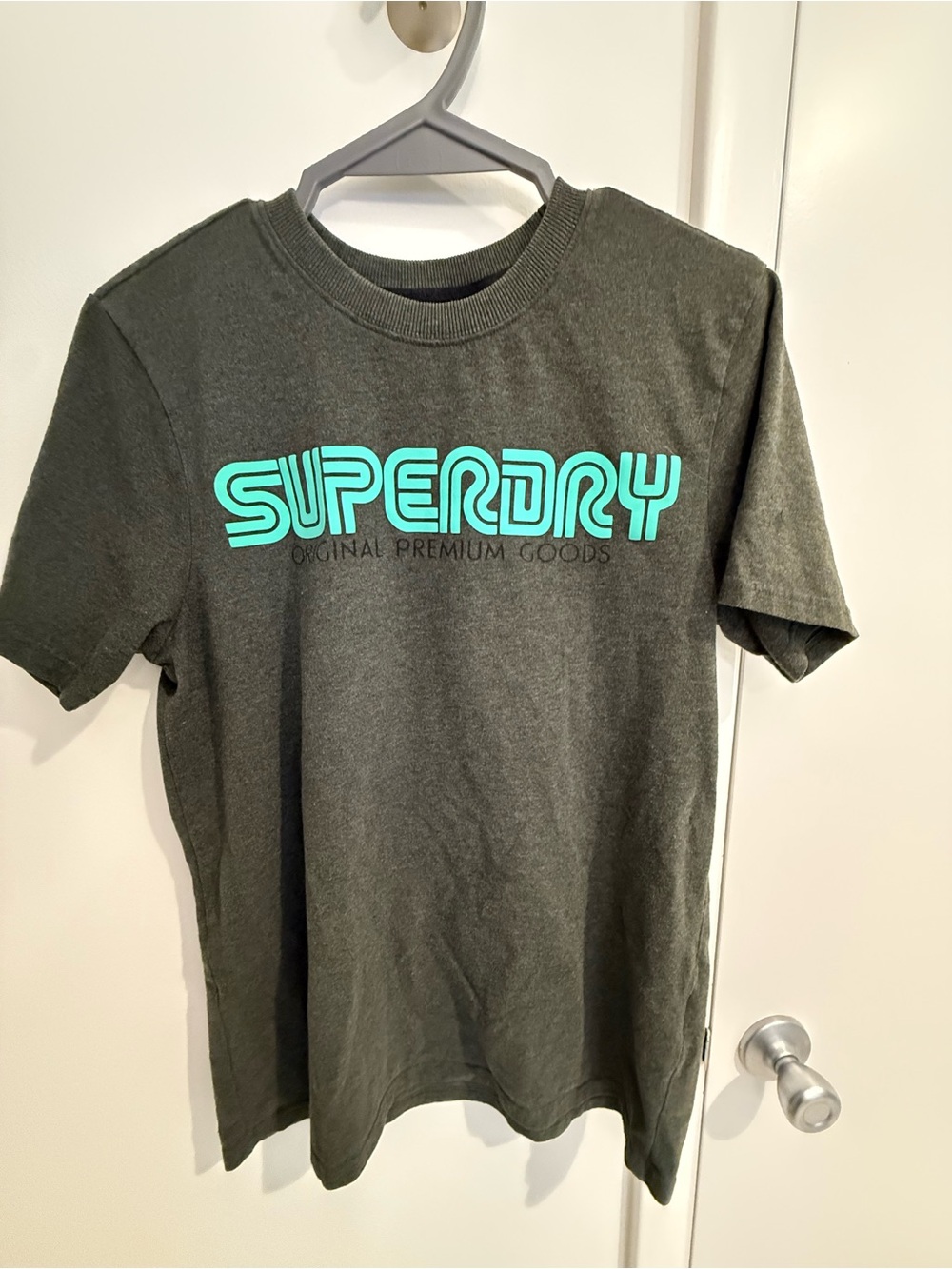 Superdry Charcoal Gray Tee with Aqua Superdry Logo